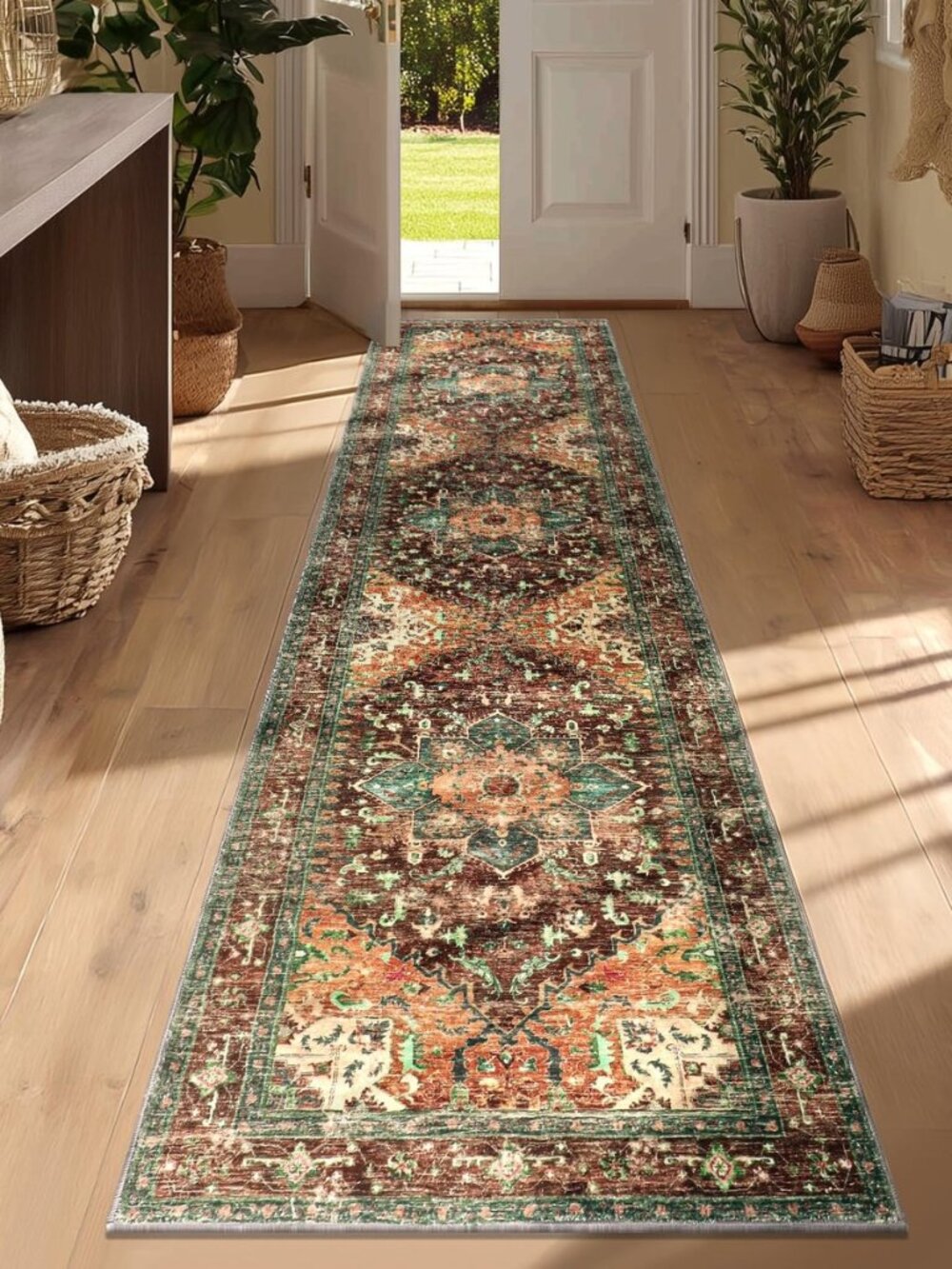Washable Runner Rug, 2x8 Non-Slip Boho Vintage Hallway Kitchen Rug